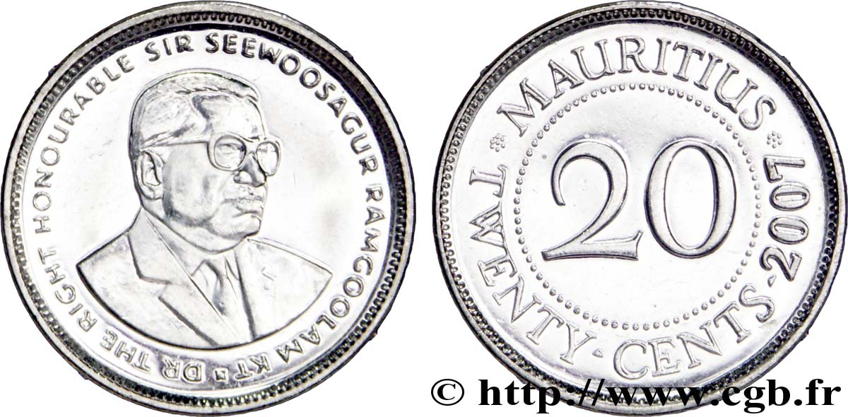 MAURITIUS 20 Cents Sir Seewoosagur Ramgoolam 2007  fST 