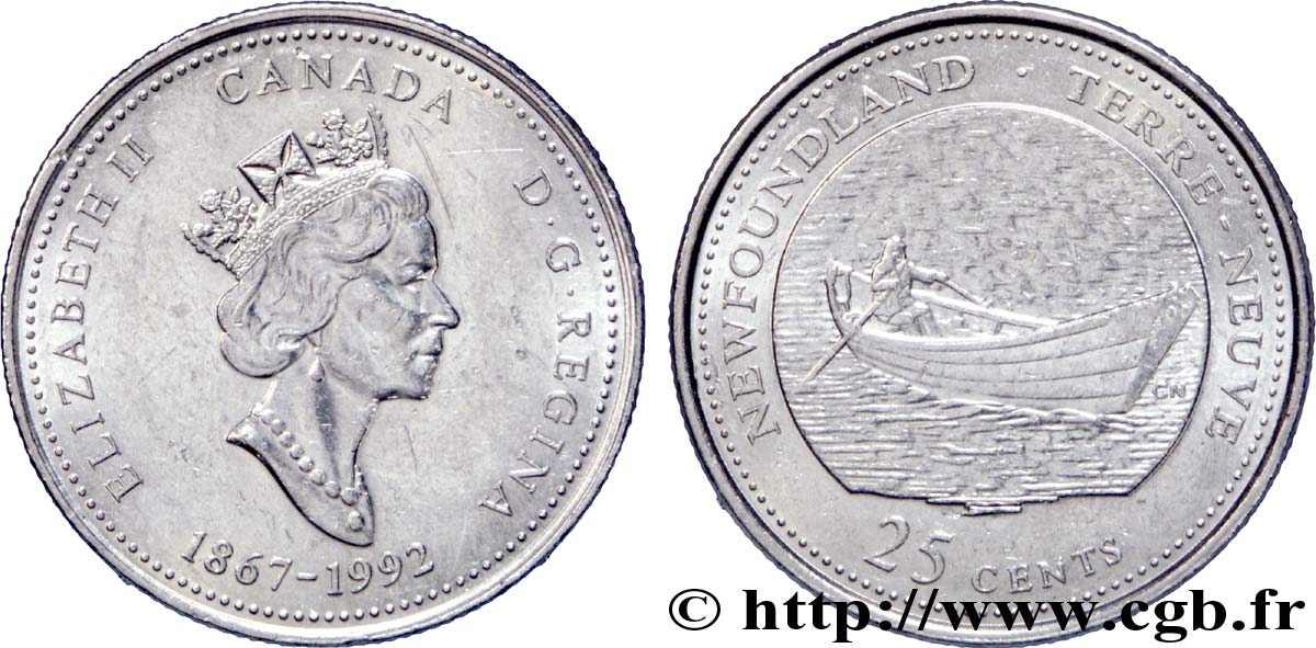 CANADá
 25 Cents 125e anniversaire de la Confédération : Terre-Neuve, Elisabeth II / pêcheur et barque à rames 1992  EBC 