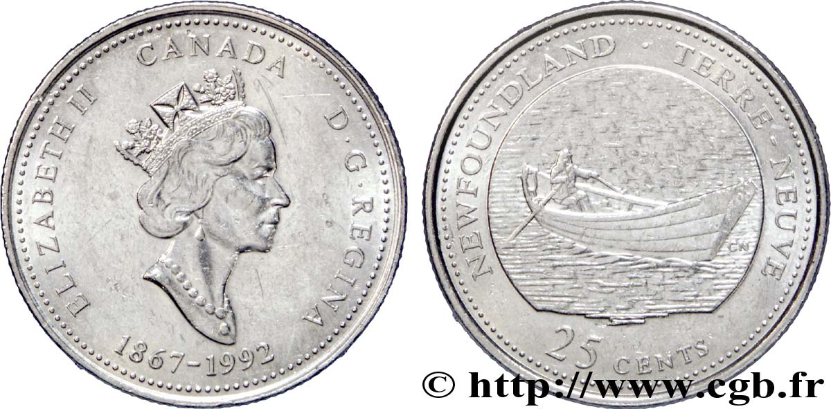 CANADá
 25 Cents 125e anniversaire de la Confédération : Ontario, Elisabeth II / forêt, pin Jack 1992  EBC 
