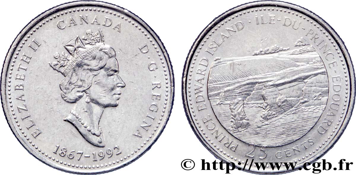 KANADA 25 Cents 125e anniversaire de la Confédération : Ile de Prince Edouard :  Elisabeth II / vue de la côte 1992  VZ 