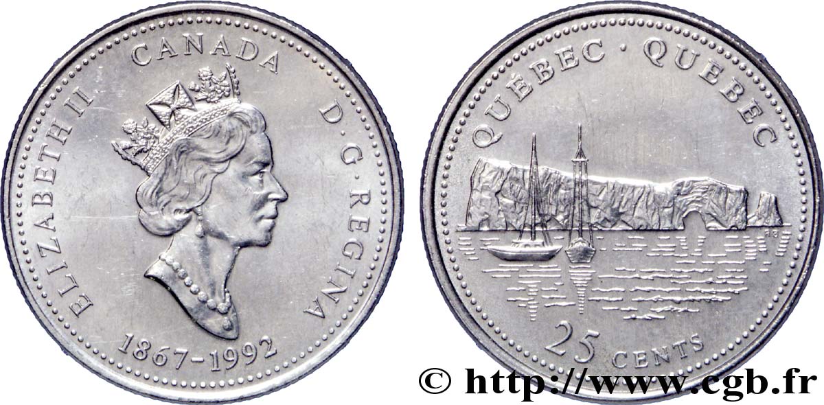 CANADá
 25 Cents 125e anniversaire de la Confédération : Québec :  Elisabeth II / voiliers près du Rocher Percé (Gaspésie) 1992  EBC 