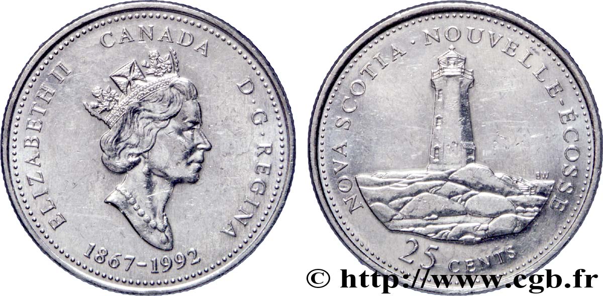 CANADA 25 Cents 125e anniversaire de la Confédération : Nouvelle-Ecosse (Nova Scotia) :  Elisabeth II / phare 1992  AU 