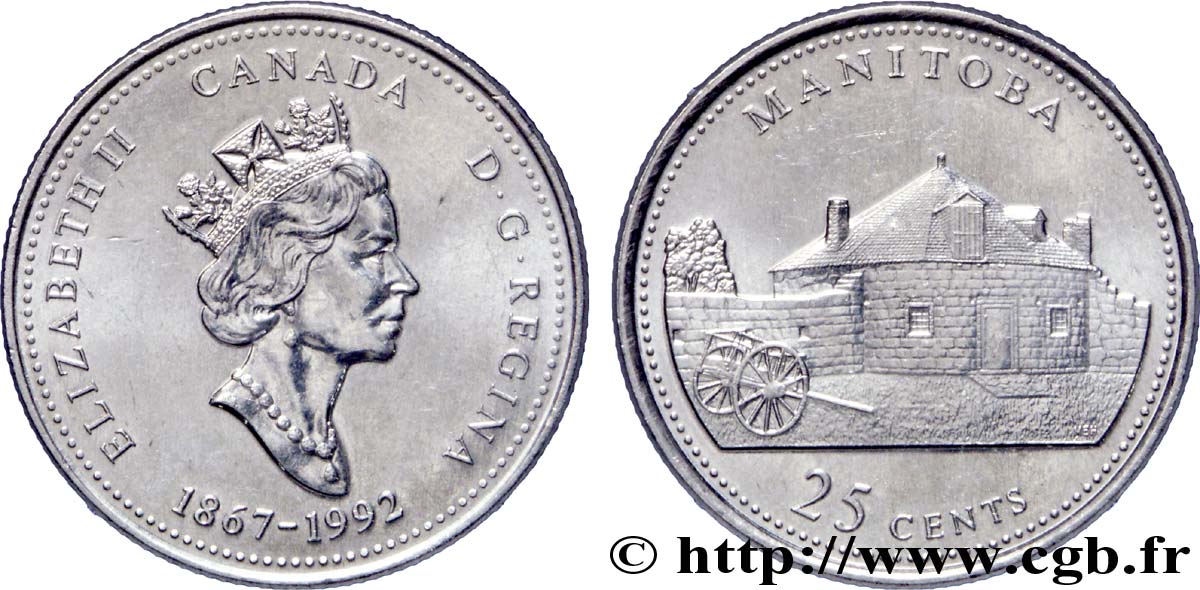KANADA 25 Cents 125e anniversaire de la Confédération : Manitoba :  Elisabeth II  1992  VZ 
