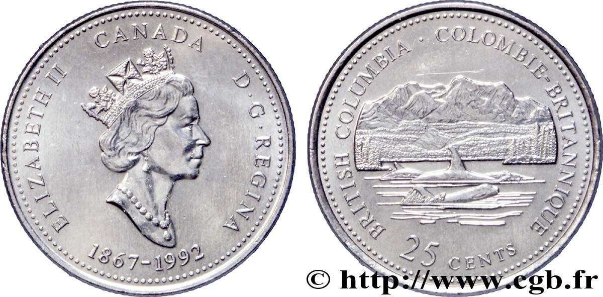 CANADA 25 Cents 125e anniversaire de la Confédération : Colombie Britannique :  Elisabeth II / côte et baleines 1992  AU 