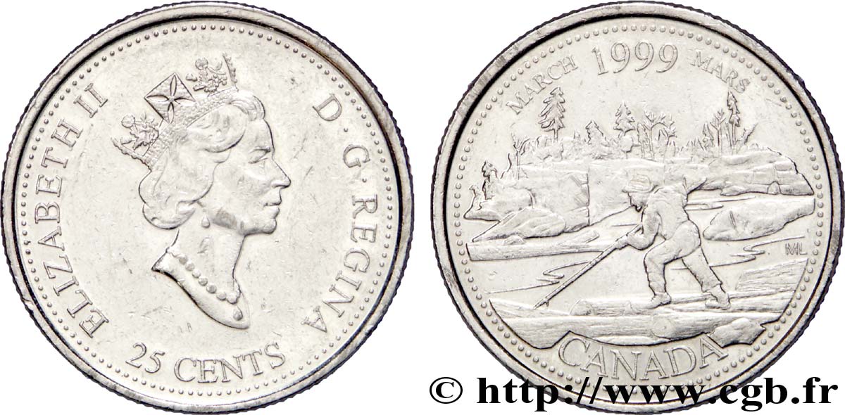 CANADA 25 Cents série du Millénium - Mars : Elisabeth II / flotteur de bois 1999  AU 