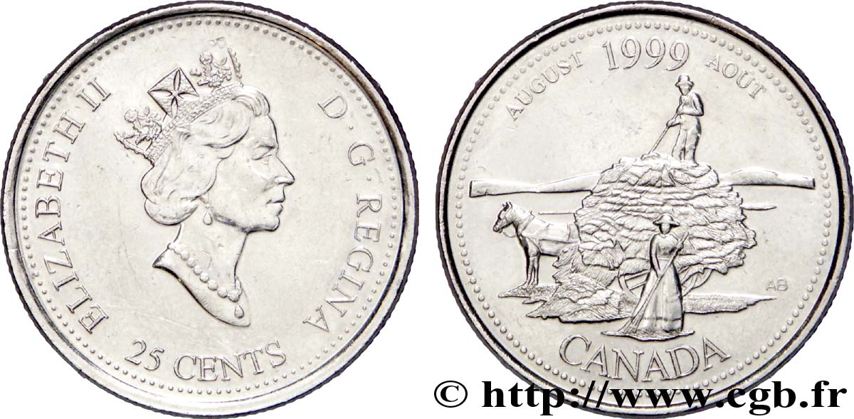 CANADA 25 Cents série du Millénium - Août : Elisabeth II / moissons 1999  AU 