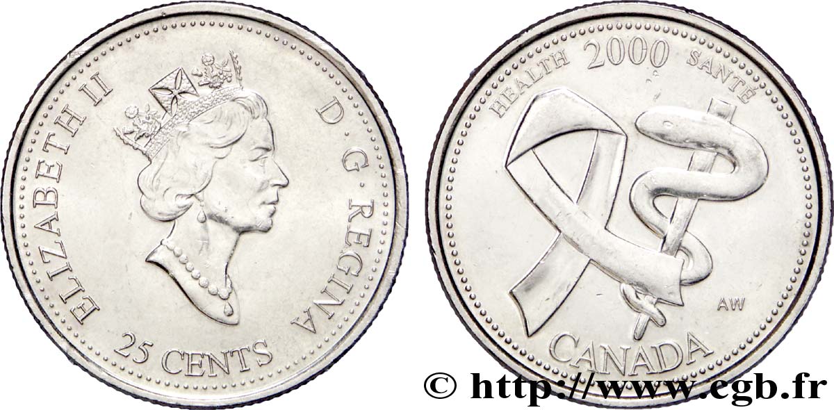 CANADá
 25 Cents Millénium 2000 - Santé : Elisabeth II / caducée et ruban 2000  EBC 