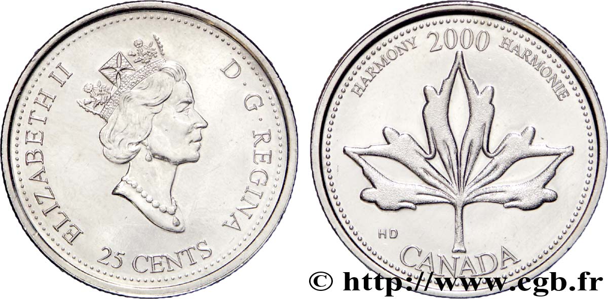 CANADA 25 Cents Millénium 2000 - Harmonie : Elisabeth II / feuille d’érable 2000  AU 