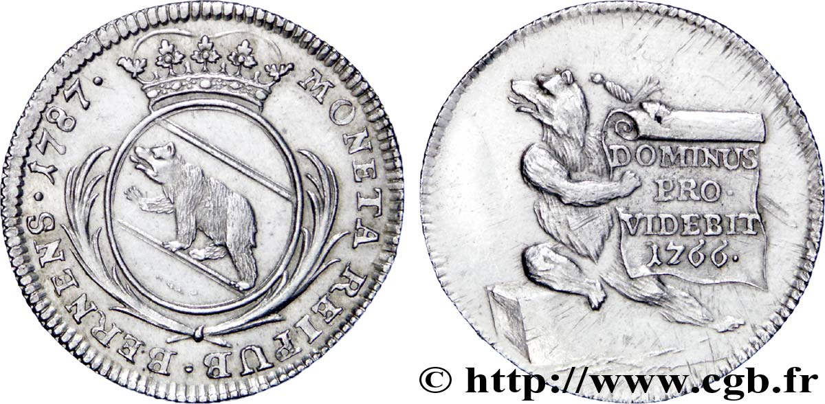 SUIZA - Cantones Médaille pour Berne (format 20 Kreuzer) armes à l’ours / ours assis tenant un parchemin 1787  MBC+ 