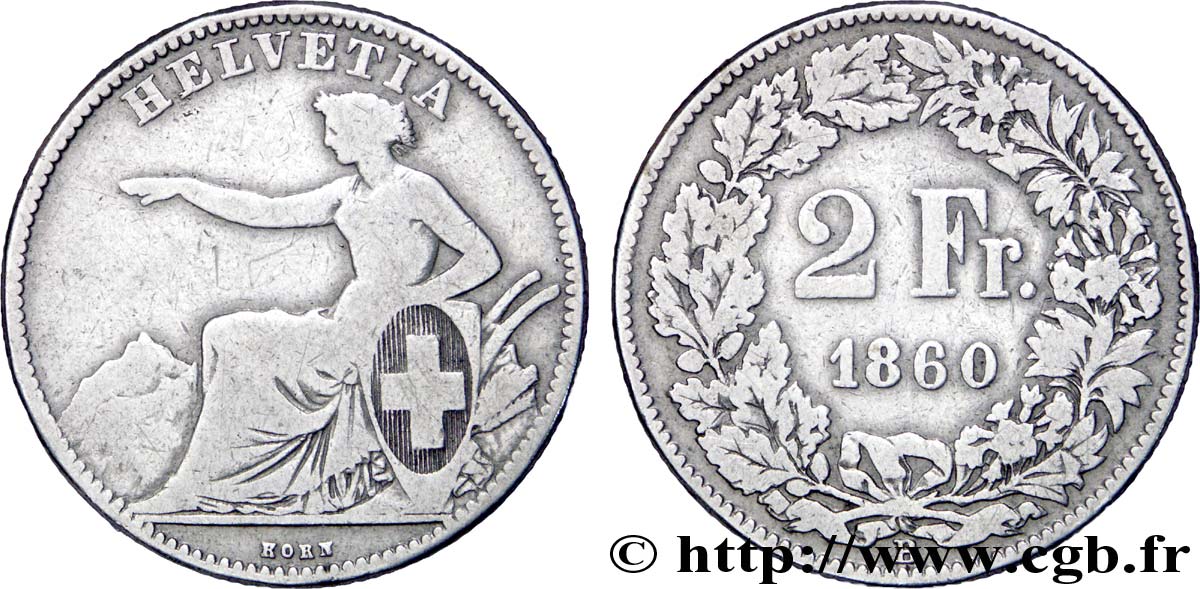 SVIZZERA  2 Francs Helvetia 1860 Berne - B MB/BB 