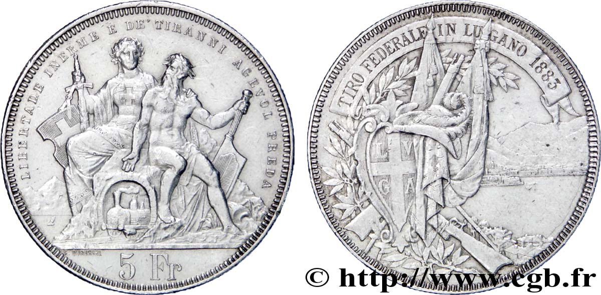 SWITZERLAND 5 Francs, concours de Tir de Lugano 1883  XF 