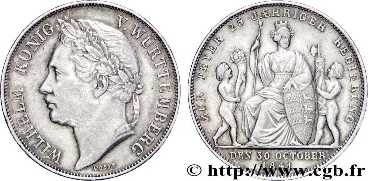 GERMANY - WÜRTTEMBERG 1 Gulden 25e anniversaire du règne de Guillaume 1841 Stuttgart AU 