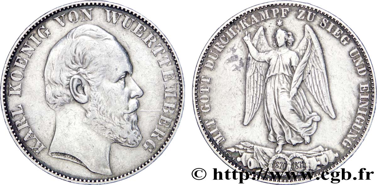 ALEMANIA - WURTEMBERG 1 Thaler Charles Ier roi du Wurtemberg / ange bénissant la victoire et l’union 1871  MBC 