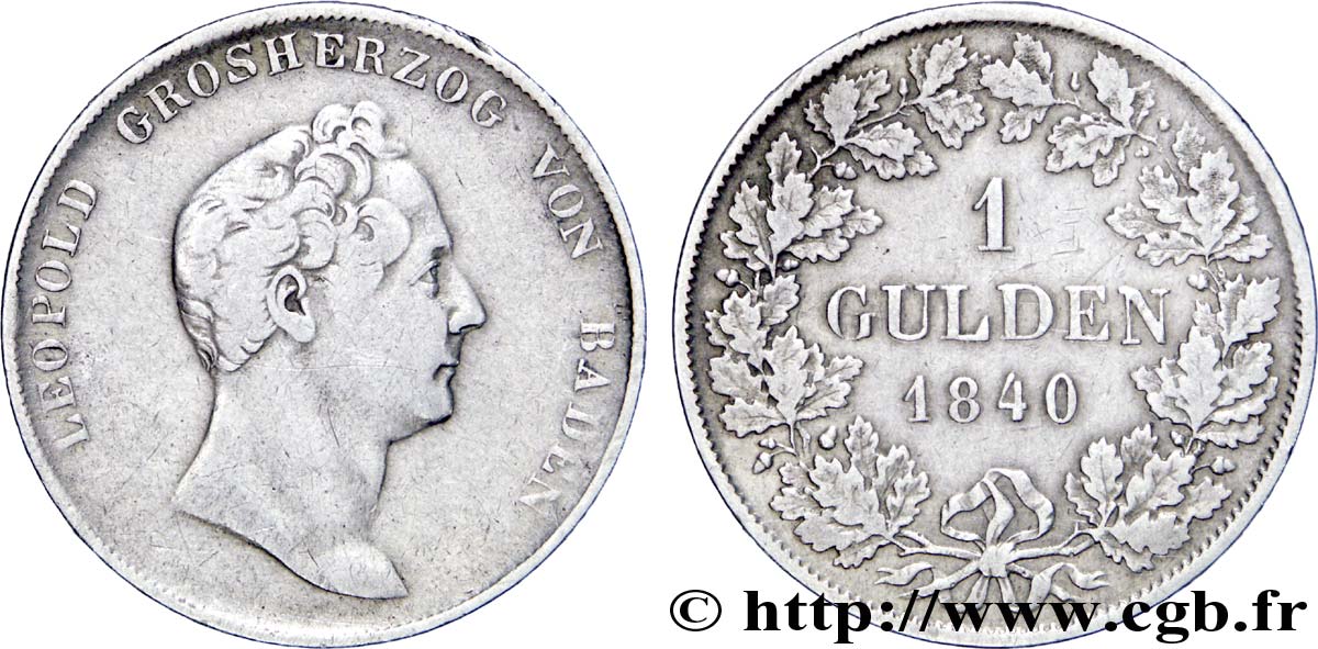 DEUTSCHLAND - BADEN 1 Gulden Grand-Duché de Bade : Léopold / écu couronné soutenu par deux griffons couronnés 1840 Karlsruhe S 