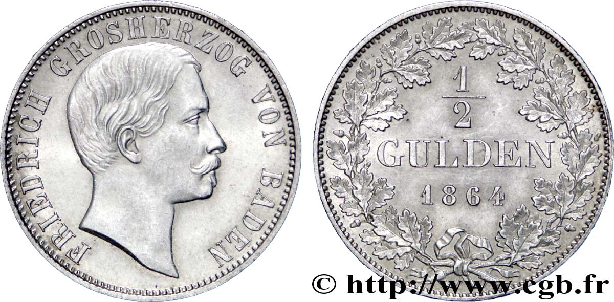 ALEMANIA - BADEN 1/2 Gulden Frédéric Grand-Duc de Bade 1864  EBC 