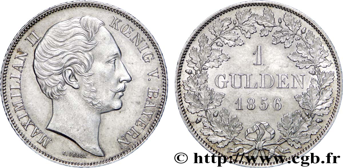 ALLEMAGNE - BAVIÈRE 1 Gulden Maximilien II roi de Bavière  1856  SUP 