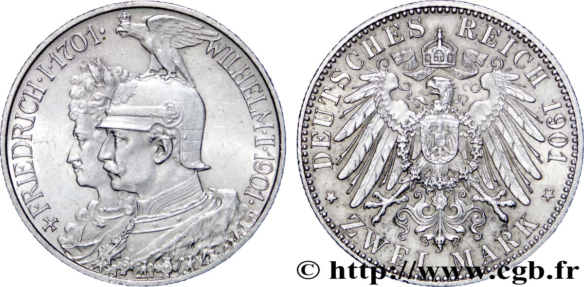 GERMANIA - PRUSSIA 2 Mark Royaume de Prusse Guillaume II 200e anniversaire de la Prusse / aigle 1901 Berlin SPL 