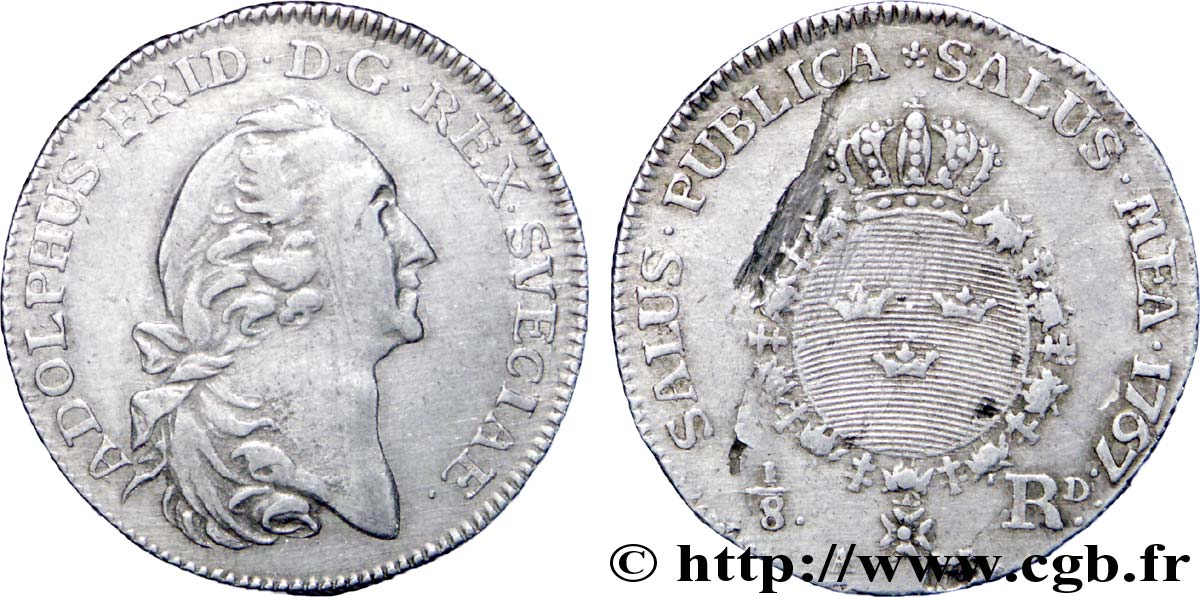SUECIA 1/8 Riksdaler roi Adolphe Frédéric / écu couronné de Suède 1767  BC 