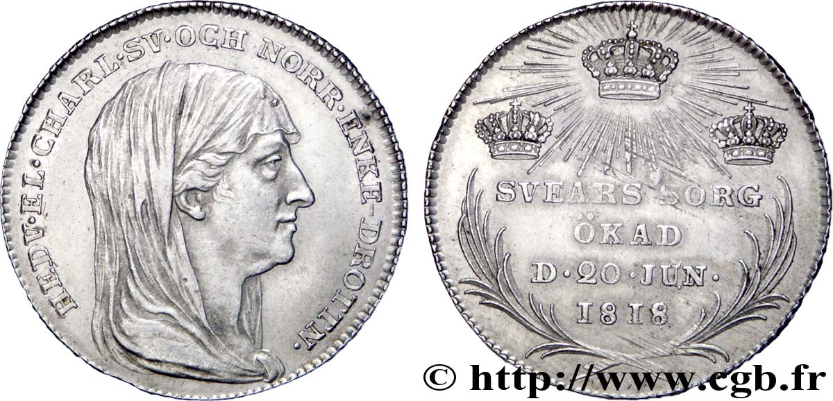 SCHWEDEN 4 Mark (1/3 Riksdaler) mort de Hedwige Élisabeth Charlotte de Schleswig-Holstein-Gottorp 1818  VZ 