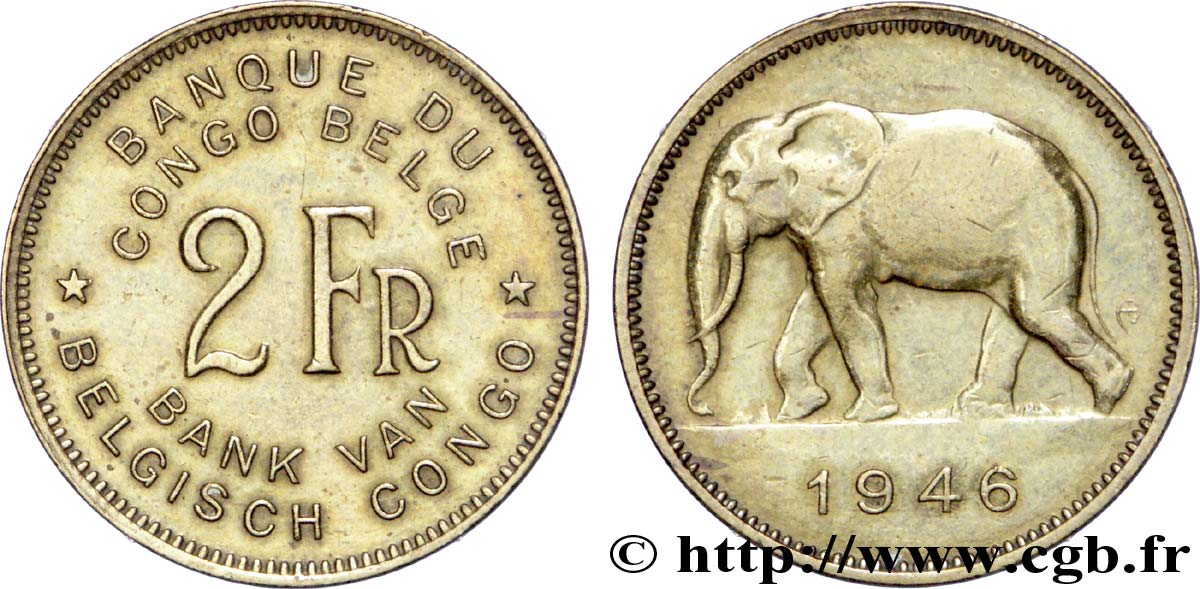 CONGO BELGA 2 Francs éléphant 1946  BB 