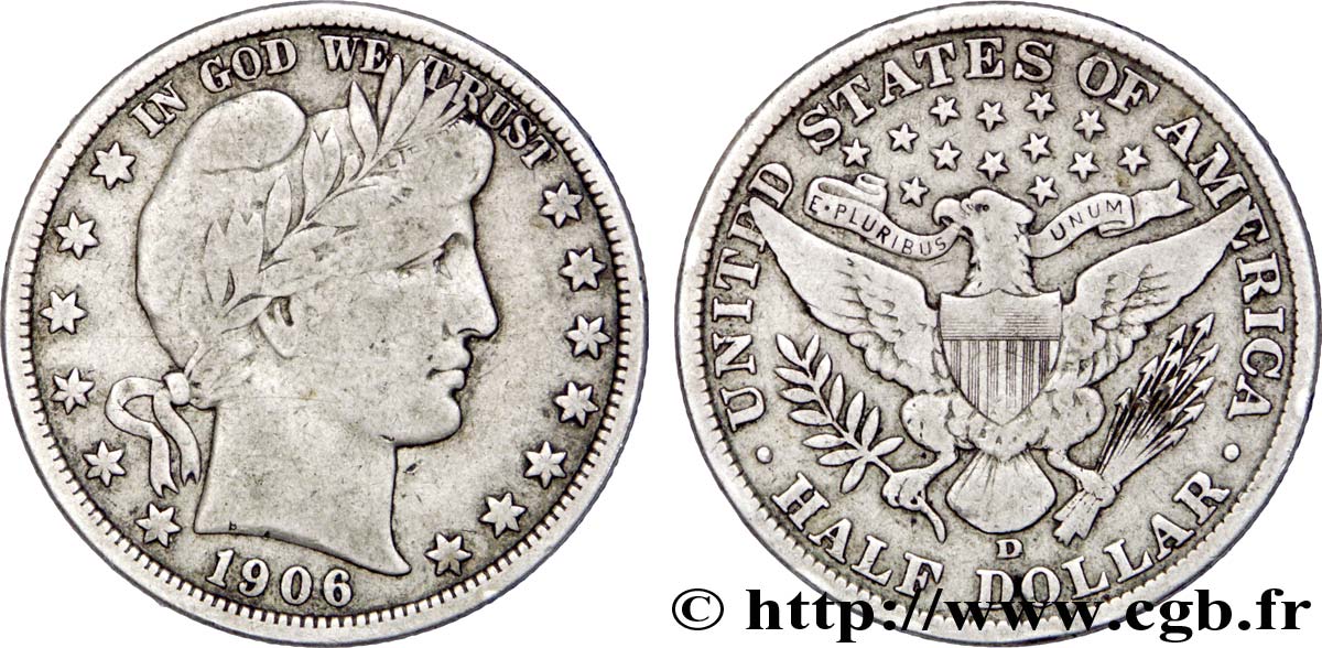 UNITED STATES OF AMERICA 1/2 Dollar Barber 1906 Denver VF 