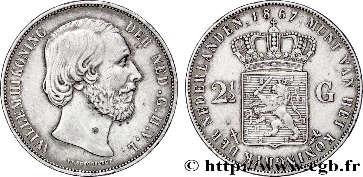 NETHERLANDS 2 1/2 Gulden Guillaume III 1867 Utrecht XF 