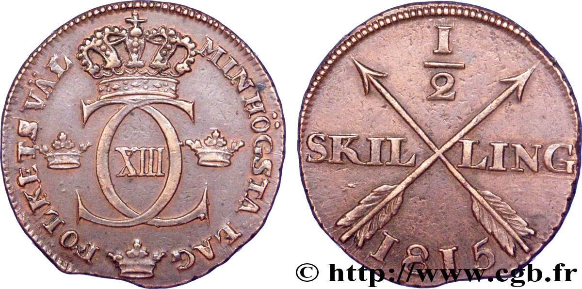 SWEDEN 1/2 Skilling monograme de Charles XIII 1815  AU 