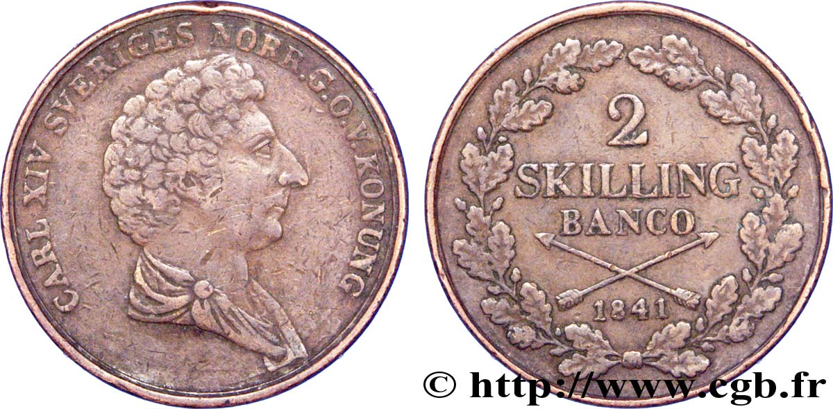 SWEDEN 2 Skilling Banco Charles XIV 1841  VF 