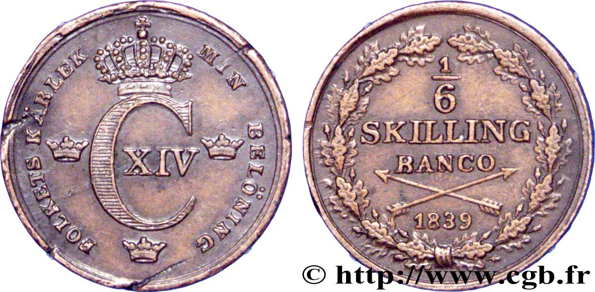 SWEDEN 1/6 Skilling Charles XIV 1839  XF 