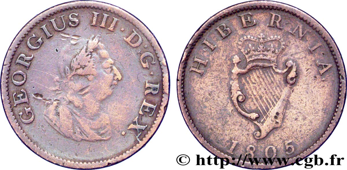 IRLAND 1 Penny Georges III / harpe 1805  fS 