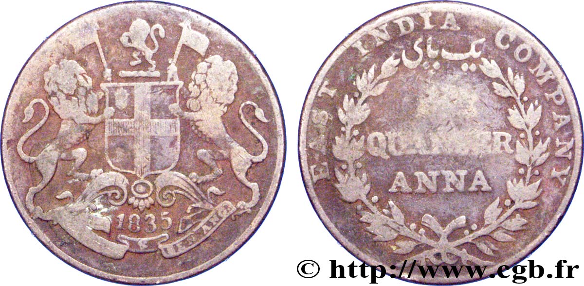 INDIA BRITÁNICA 1/4 Anna East India Company 1835 madras BC 