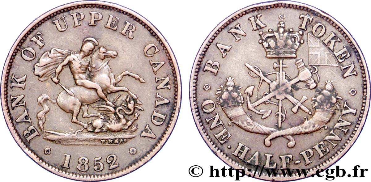 KANADA 1/2 Penny token Province du Haut Canada St Georges terrassant le dragon 1852 Heaton SS 