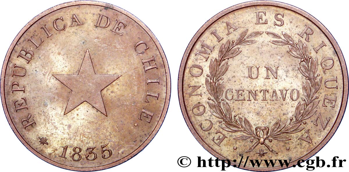 CHILE 1 Centavo type à tranche fine en frappe médaille 1835  AU 