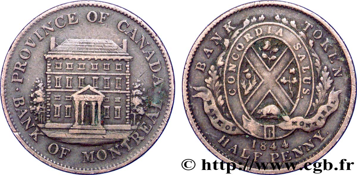 CANADA 1/2 Penny Province du Bas Canada Banque de Montréal, façade de la banque 1844  XF 