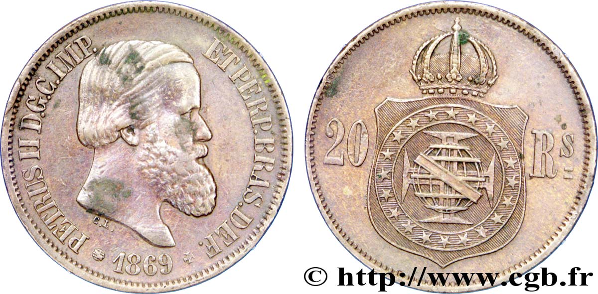 BRAZIL 20 Réis  Empereur Pierre II 1869  AU 