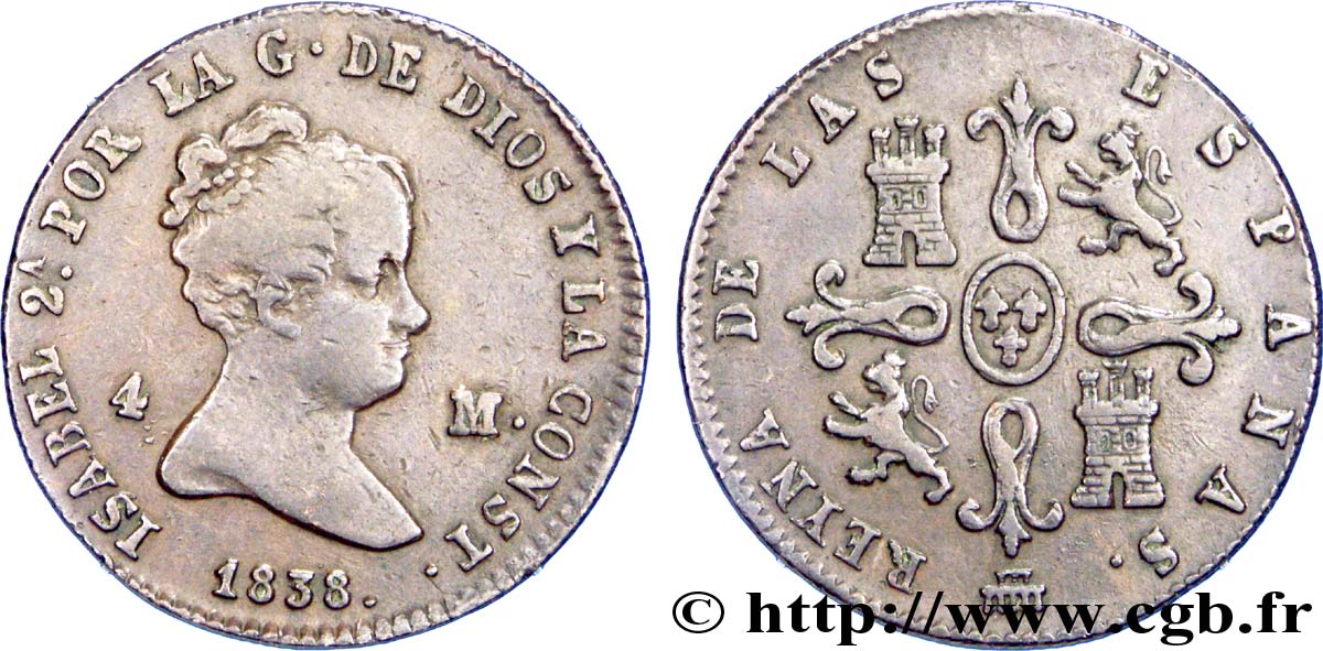 SPAIN 4 Maravedis Isabelle II 1838 Ségovie VF 