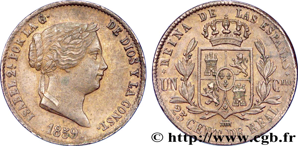 SPAIN 25 Centimos de Real (Cuartillo) Isabelle II / écu couronné 1859 Ségovie AU 