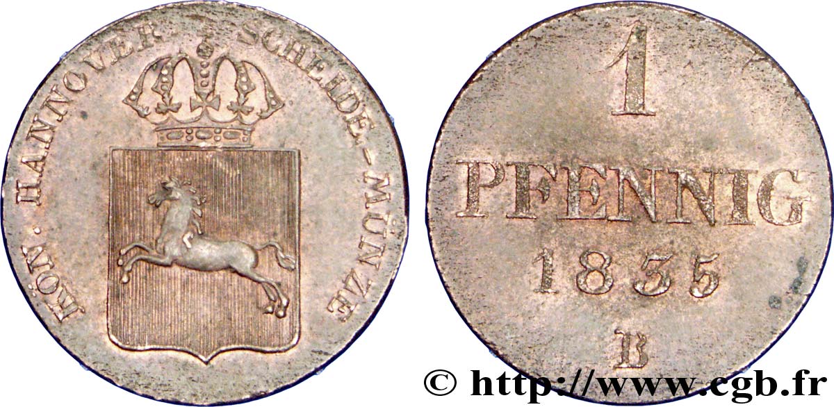 GERMANY - HANOVER 1 Pfennig Royaume de Hanovre écu au cheval couronné 1835 Hanovre - B AU 