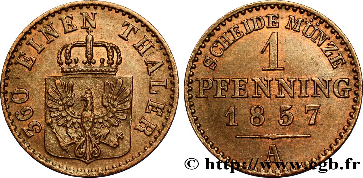ALEMANIA - PRUSIA 1 Pfenninge Royaume de Prusse écu à l’aigle 1857 Berlin EBC 