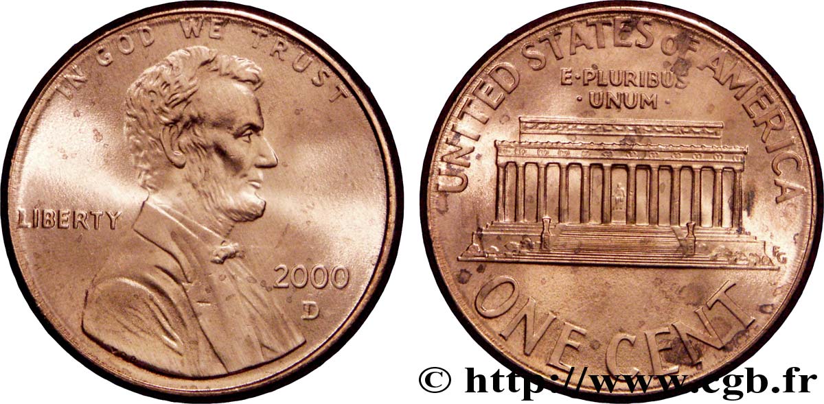 STATI UNITI D AMERICA 1 Cent Lincoln / mémorial 2000 Denver MS 