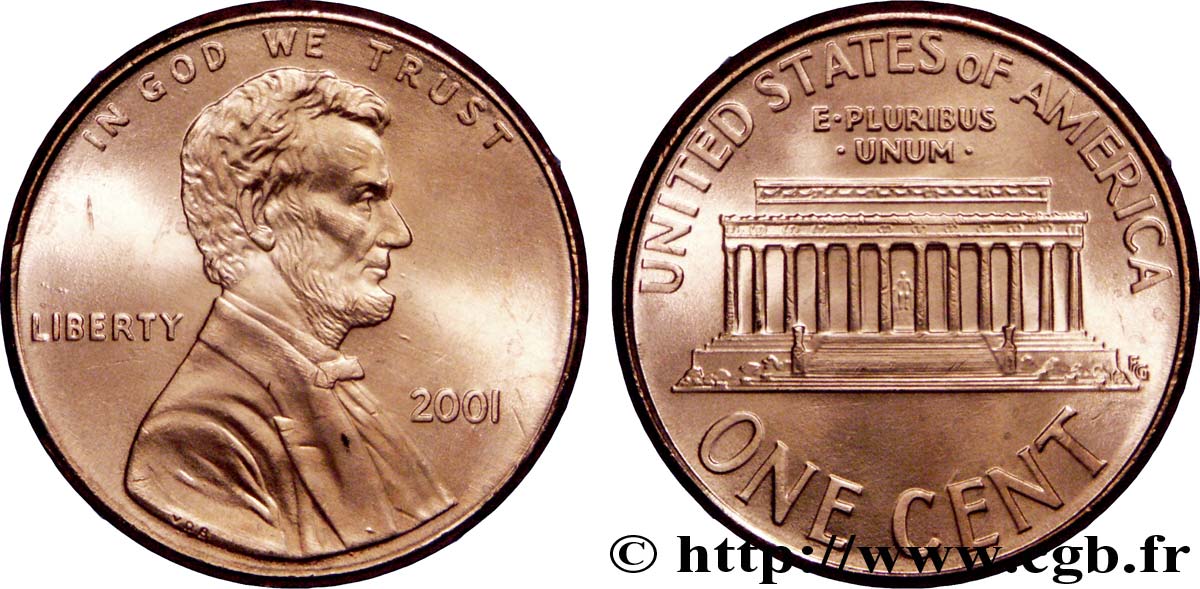 STATI UNITI D AMERICA 1 Cent Lincoln / mémorial 2001 Philadelphie MS 