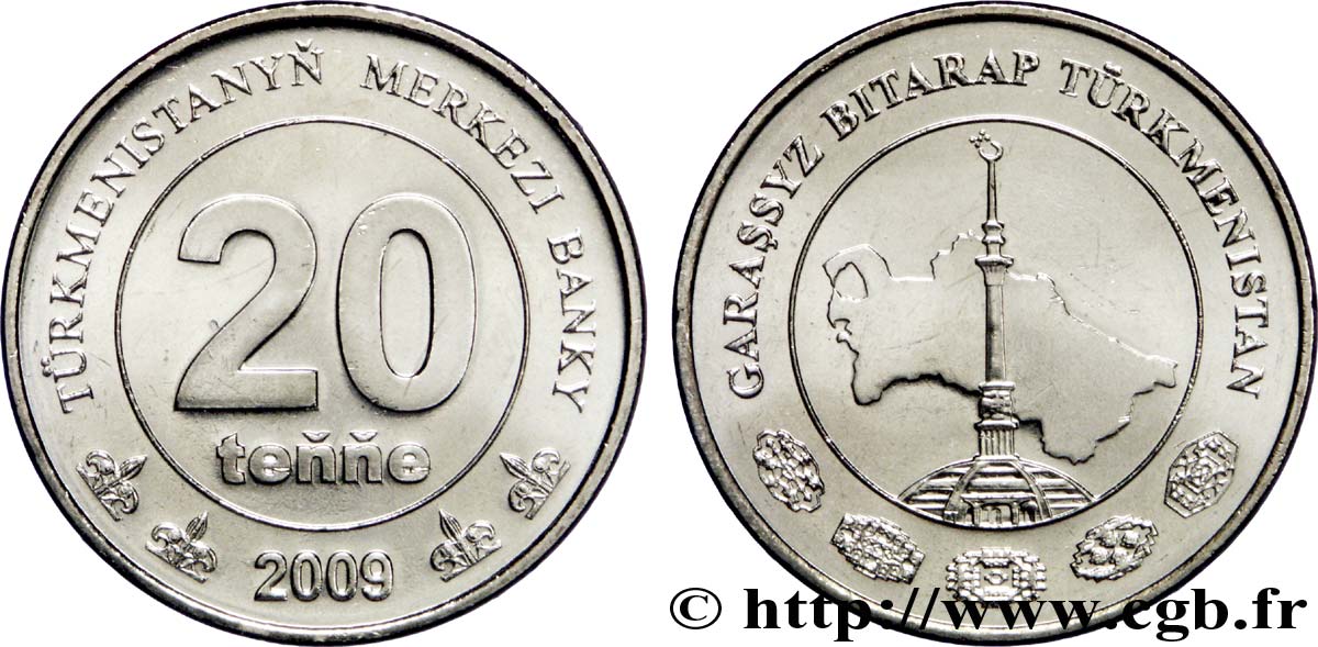 TURKMENISTAN 20 Tenge carte du Turkménistan 2009 British Royal Mint fST 