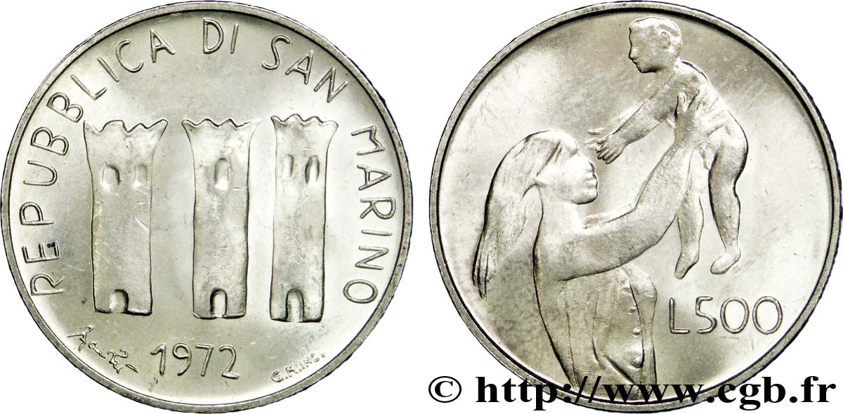 SAN MARINO 500 Lire 3 tours / mère tenant son enfant 1972 Rome - R MS 