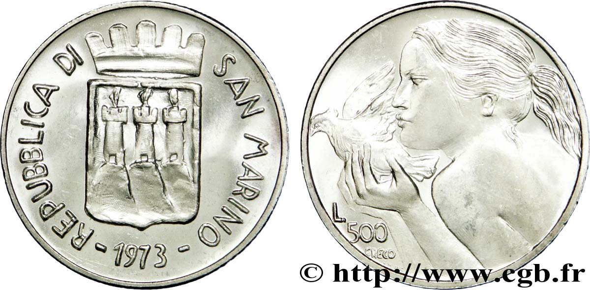 SAINT-MARIN 500 Lire 3 tours / femme tenant une colombe 1973 Rome - R SPL 