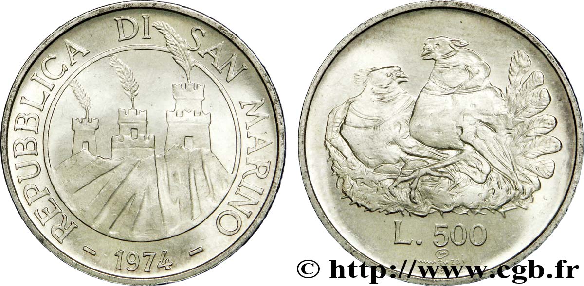 SAN MARINO 500 Lire 3 tours / couple de pigeons dans un nid 1974 Rome - R MS 