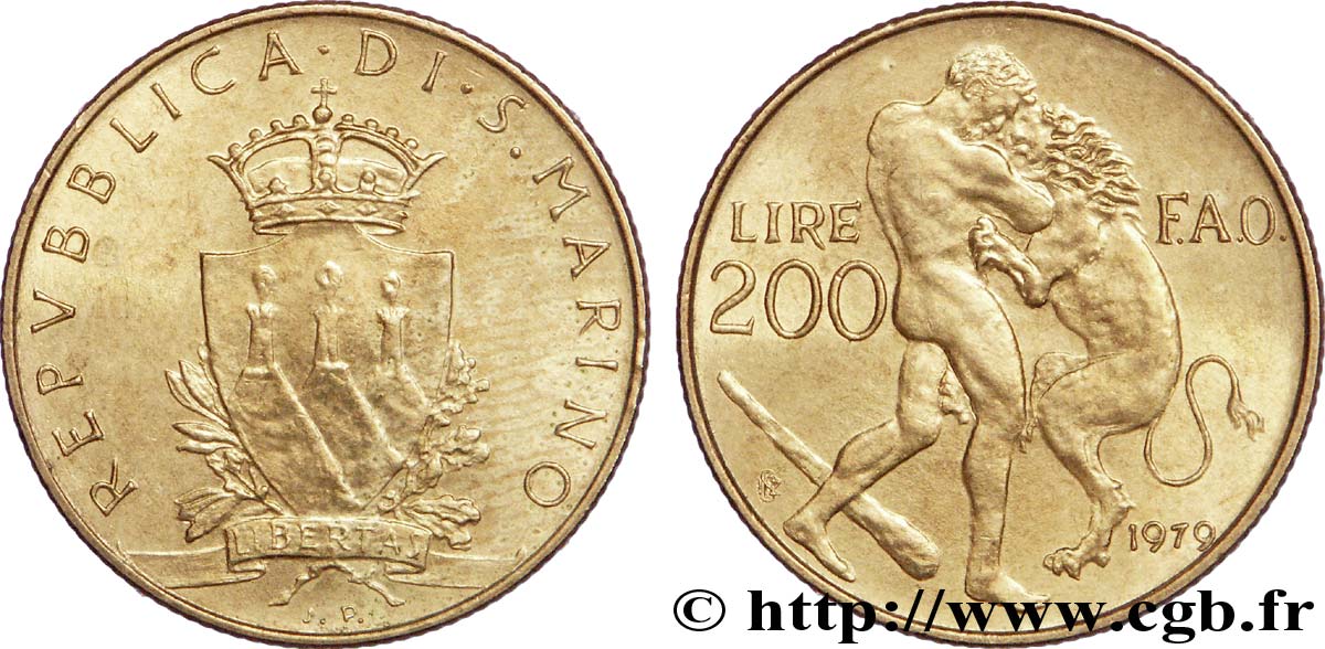 SAN MARINO 200 Lire série FAO : armes / Hercule affrontant un lion 1979 Rome - R EBC 
