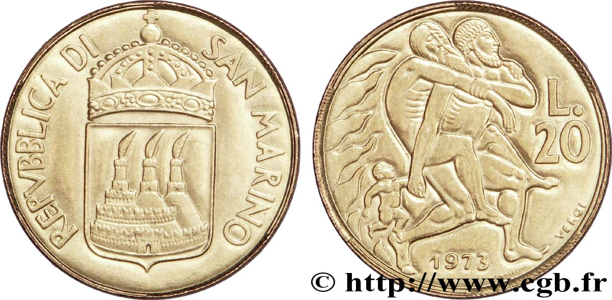 SAN MARINO 20 Lire vue des 3 chateaux / Énée lors de la fuite de Troie, symbole de la solidarité 1973 Rome - R EBC 