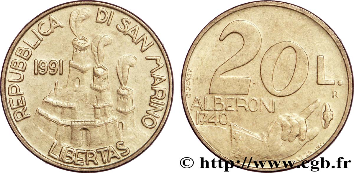 SAN MARINO 20 Lire vue des 3 chateaux / occupation par le Cardinal Alberoni 1991 Rome - R AU 