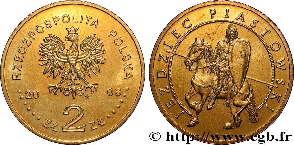 POLOGNE 2 Zlote Histoire de la Cavalerie Polonaise : aigle / cavalier de la dynastie des Piast 2006 Varsovie SPL 