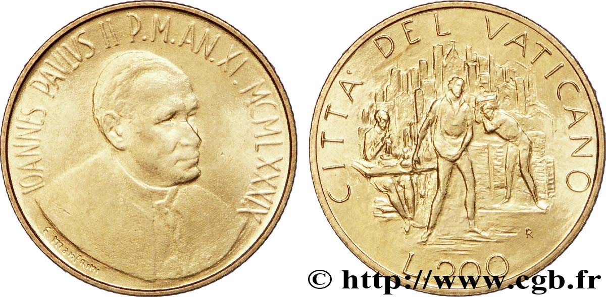 VATICAN AND PAPAL STATES 200 Lire Jean Paul II an XI 1989 Rome AU 